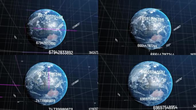 数字在蓝色背景上的网格上在地球上变化的动画