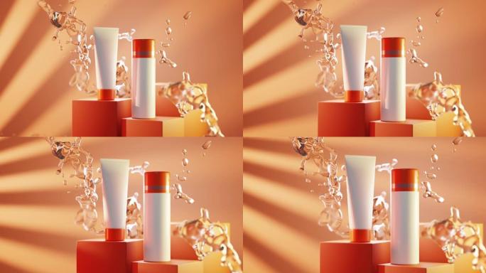 讲台上的防晒瓶在飞溅的水中，防紫外线。护肤乳液，美容美妆霜，橙色背景3d动画上的白色模拟管，阳光下舞