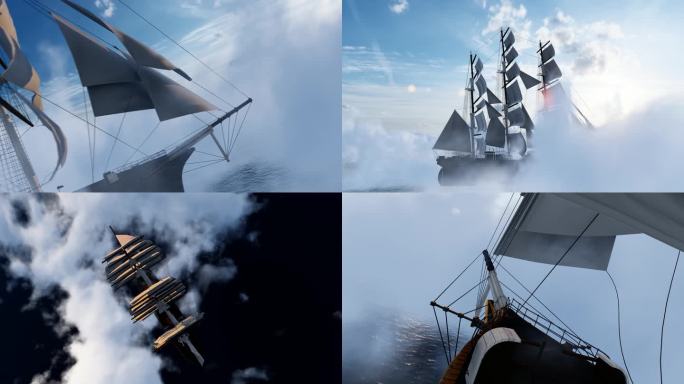 4K海上帆船乘风破浪穿破雾气云海合集