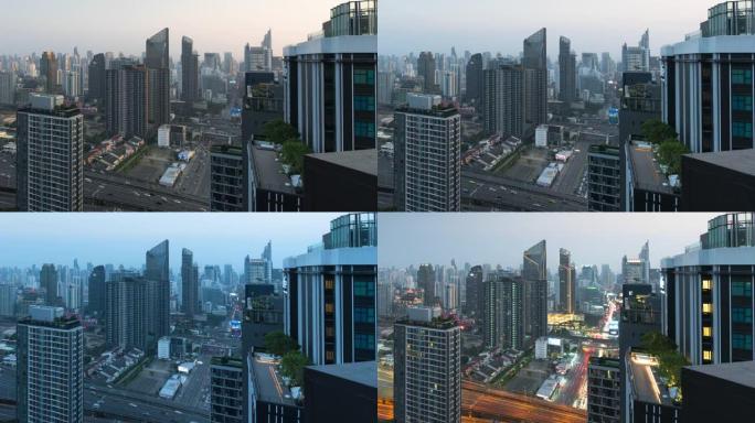 曼谷城市景观的延时电影，商业区，黄昏高建筑 (泰国曼谷)