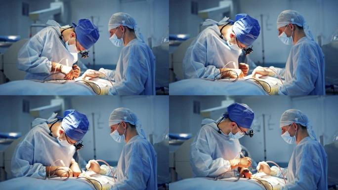诊所内部配有手术台、灯具和超现代设备。神经外科医生提供手术。科技、高科技内饰、医药概念。