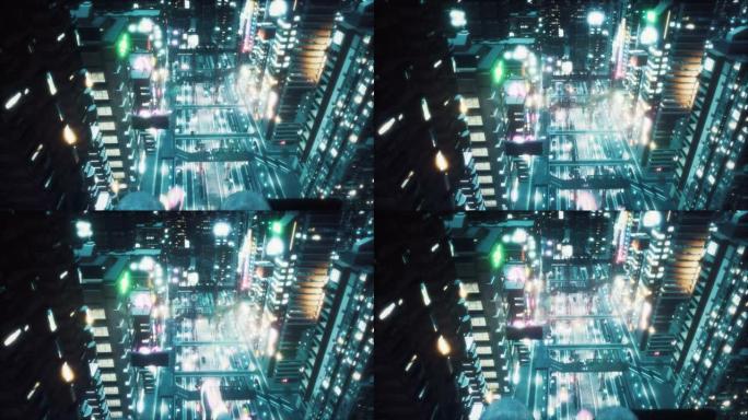 一个女孩坐在摩天大楼的屋顶上，悬挂着双腿，欣赏着未来的霓虹灯城市。小说、网络和科幻背景的动画。未来城