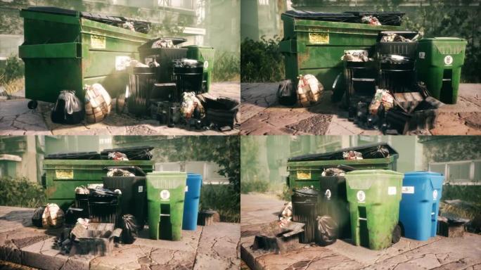 一堆垃圾躺在一个废弃城市的街道上。塑料垃圾箱，垃圾桶，彩盒，垃圾分类。生态和自然背景的动画。