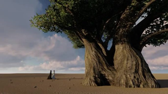 2对夫妇在靠近猴面包树的沙漠中行走，3D