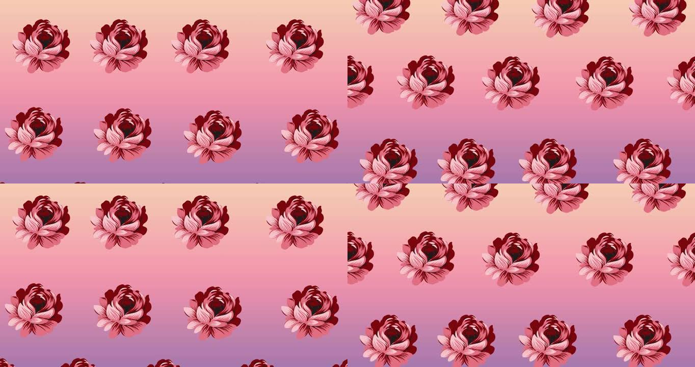 粉红色背景上移动的一排排粉红色花朵的组成