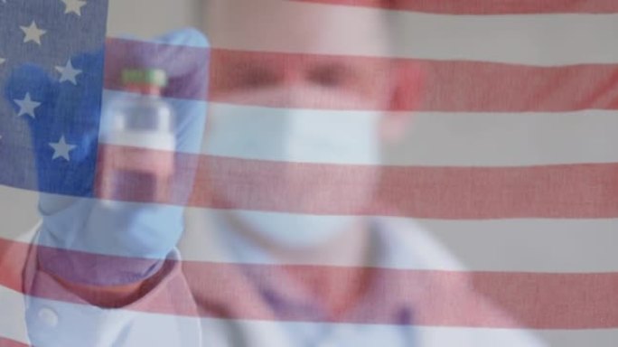 戴着covid 19疫苗的口罩挥舞着男医生的美国国旗动画