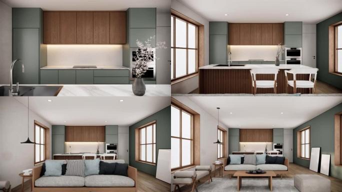 日本风格的房间内部配有家具。现代公寓设计。缩小拍摄视频4k动画