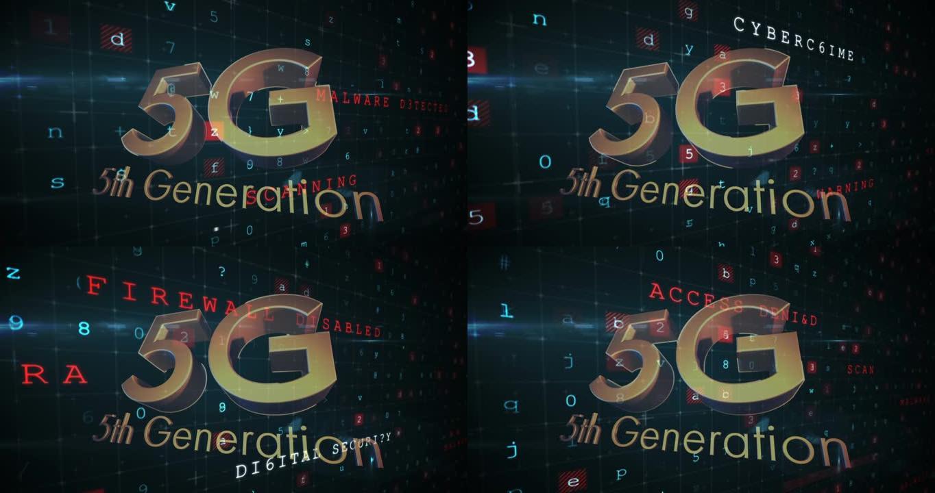 背景下的5g 5代文本在网络攻击警告文本上的动画