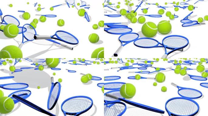 网球和网球拍的3D动画。摔倒在地弹跳和混合。