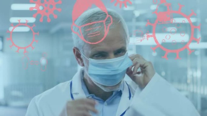 新型冠状病毒肺炎图标的动画漂浮着戴着面具的科学家