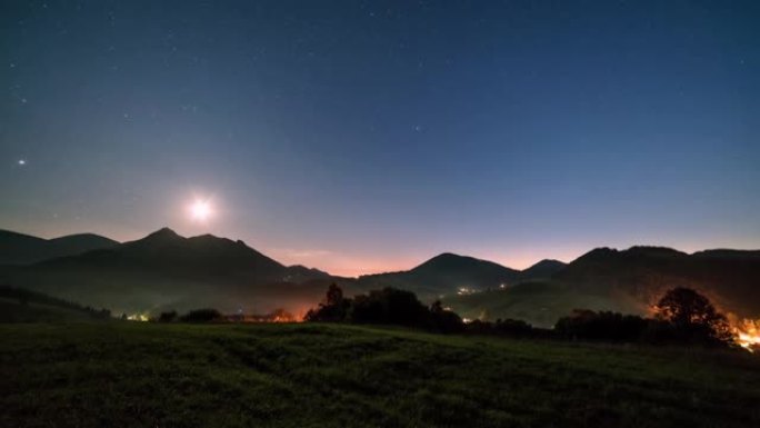 蓝色星空夜空，星星月光在高寒山区农村景观天文时间流逝