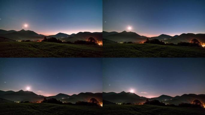 蓝色星空夜空，星星月光在高寒山区农村景观天文时间流逝