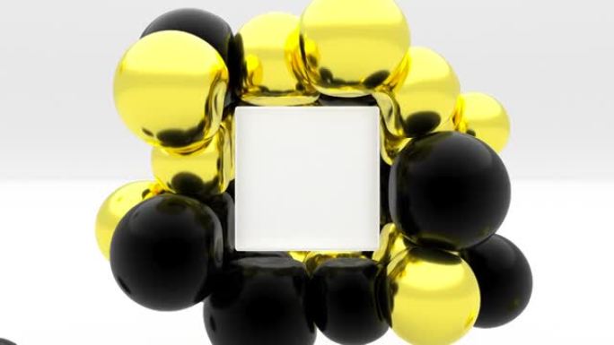 玻璃盒空模型场景4k上的软体物理金色黑色弹性球对撞机