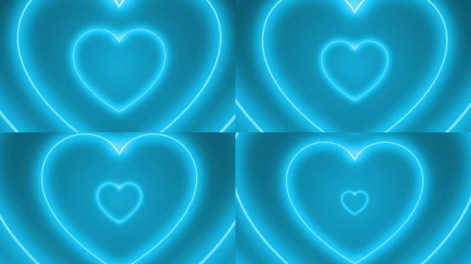 绿松石蓝色美丽心形流动隧道快速无缝，抽象浪漫未来背景，循环3d动画，圣诞节和情人节，爱情关系节日活动