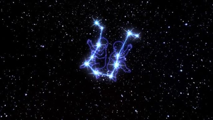 黄道十二宫双子座是由发光线连接的亮星星座。宇宙夜空中黄道十二宫星座的动画。星座和星座的象征。