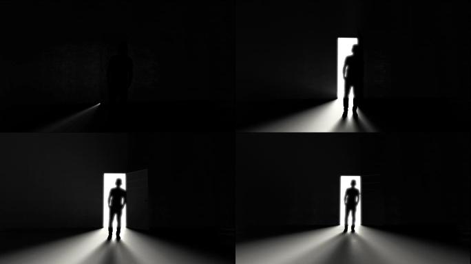 男人站在黑暗中的三扇敞开的门，光线从水槽里冒出来。决策概念。