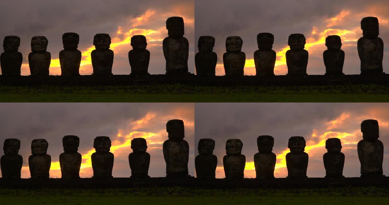 神秘石摩艾日落，复活节岛，拉帕努伊，波利尼西亚，智利