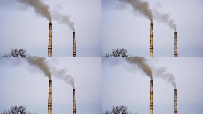大型管道工业区。浓浓的白烟与太阳形成对比。环境污染。