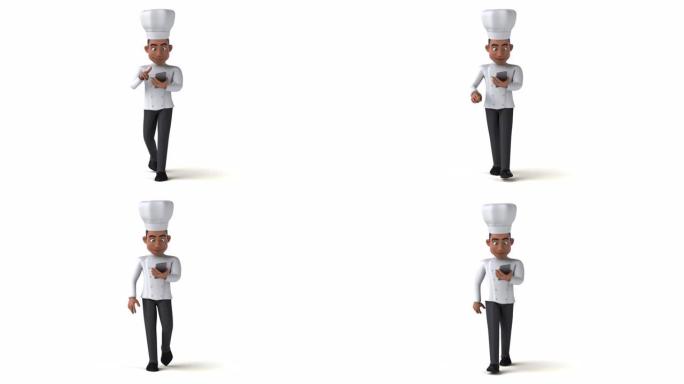 有趣的3D卡通厨师用智能手机行走
