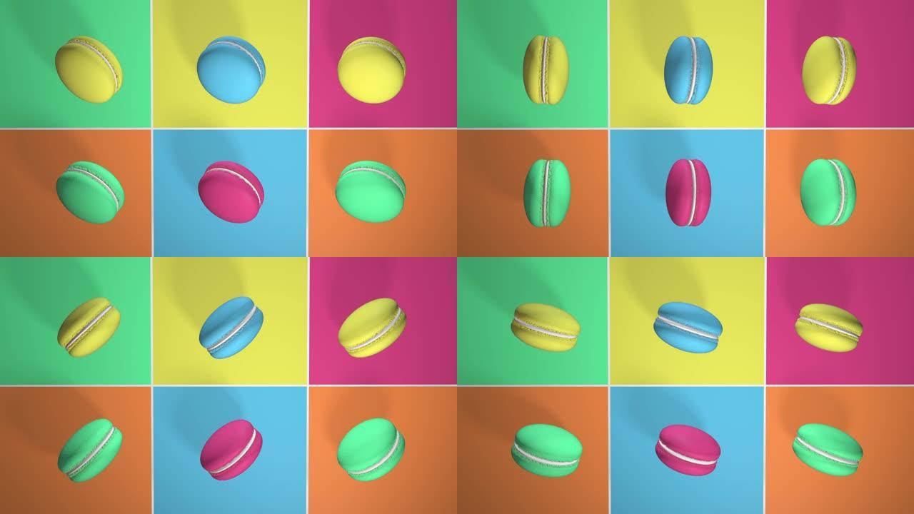 5 ps彩色通心粉蛋糕，在彩纸背景上拍摄。带有旋转的杏仁杏仁粉的图案。带阴影的逼真的3D动画。循环视