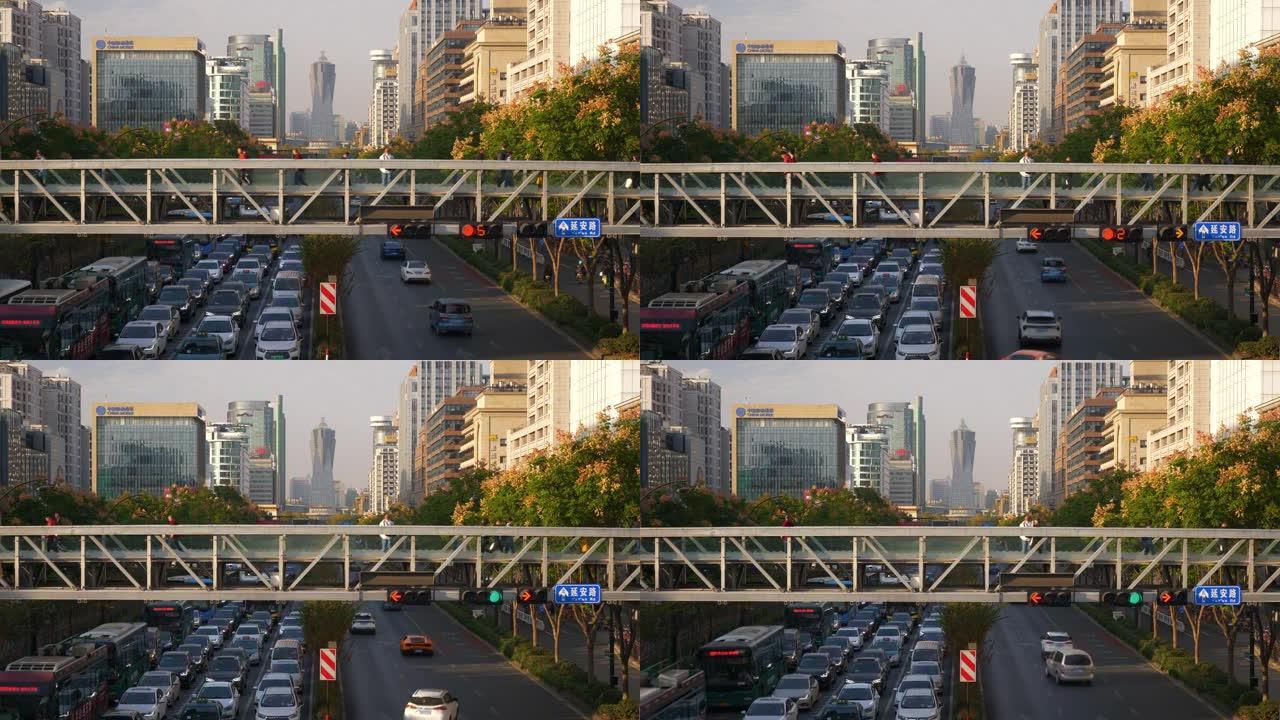 日落时间杭州城市交通街步行桥全景4k中国