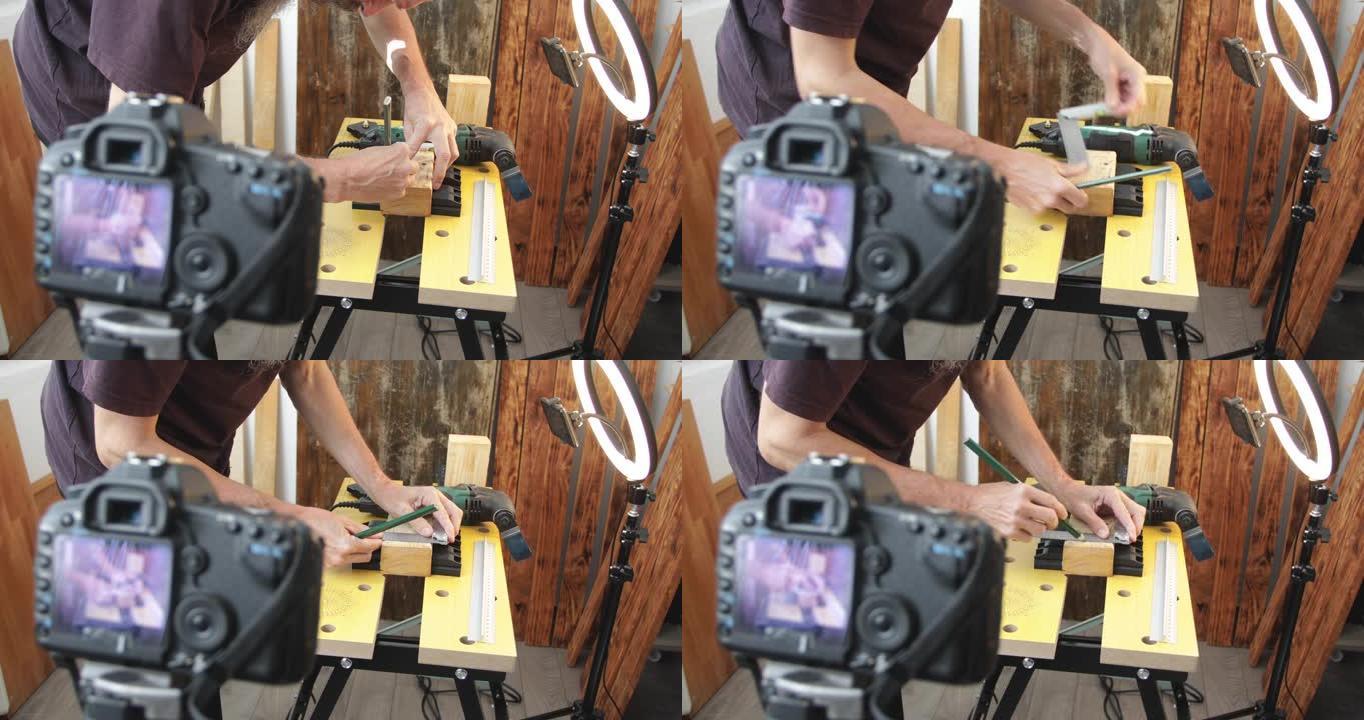 DIY木工vlog，在木块上绘制标记线，拍摄