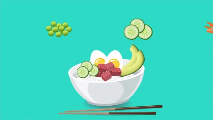 夏威夷用金枪鱼和蔬菜戳碗。视频菜单设计。将原料的动画倒入碗中