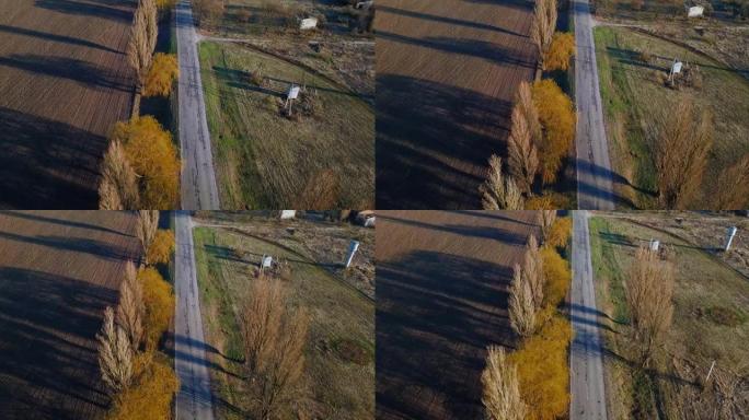 空中无人机视图: 空旷的乡村阳光路。春天
