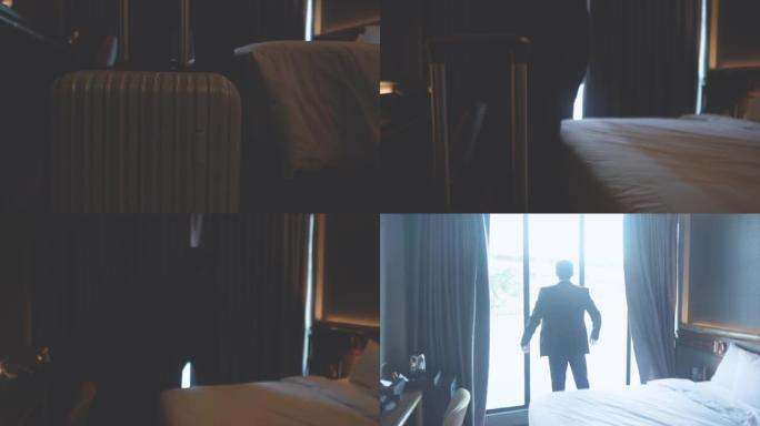 男人和女人打开了他们酒店房间的窗帘