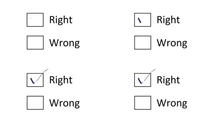 选择右边。勾选标记空框以表示它是正确的。正确或错误的选择。书面决定。