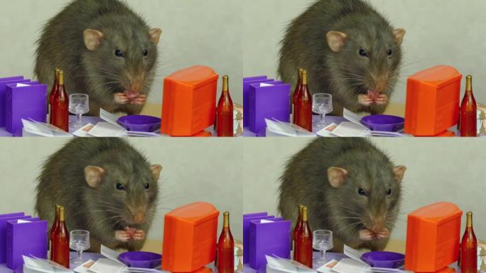 老鼠在办公室的桌子上吃饭