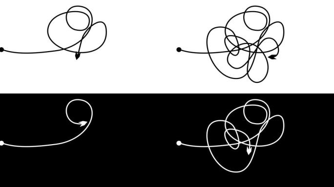 箭头沿着与潦草、圆圈纠缠的线的轨迹运动。线混沌抽象背景的自绘动画。阿尔法通道。用于动态网页设计的视频