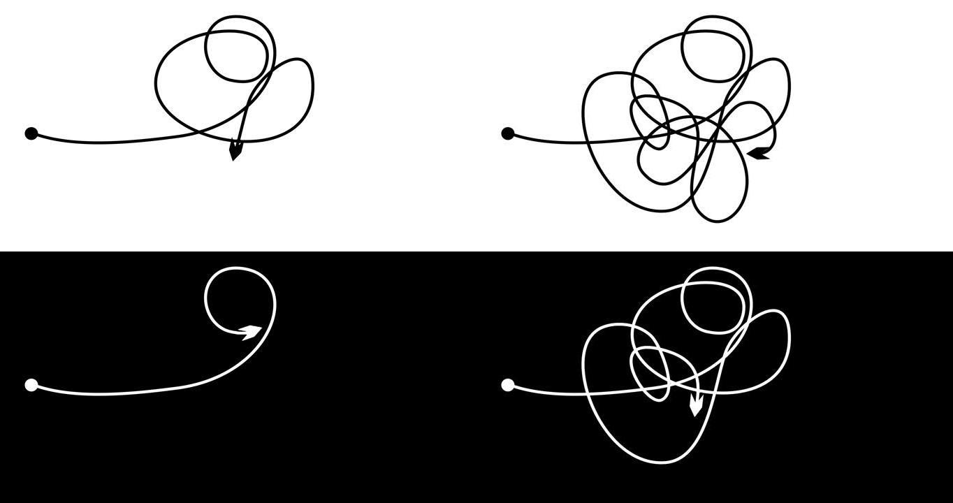 箭头沿着与潦草、圆圈纠缠的线的轨迹运动。线混沌抽象背景的自绘动画。阿尔法通道。用于动态网页设计的视频