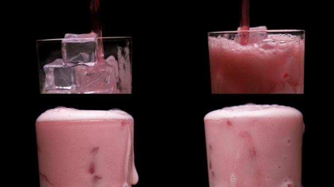将一束红色液体倒入装有冰的透明玻璃玻璃杯中。一杯清凉的饮料装满了杯子。泡沫溢出边缘。旋转框架。