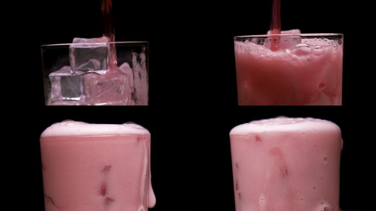将一束红色液体倒入装有冰的透明玻璃玻璃杯中。一杯清凉的饮料装满了杯子。泡沫溢出边缘。旋转框架。