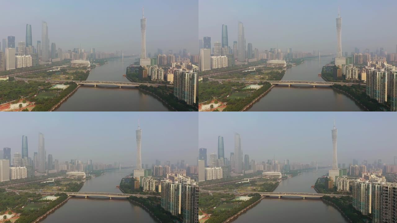 阳光明媚的夜晚广州市市中心交通大桥著名塔河畔空中全景4k中国