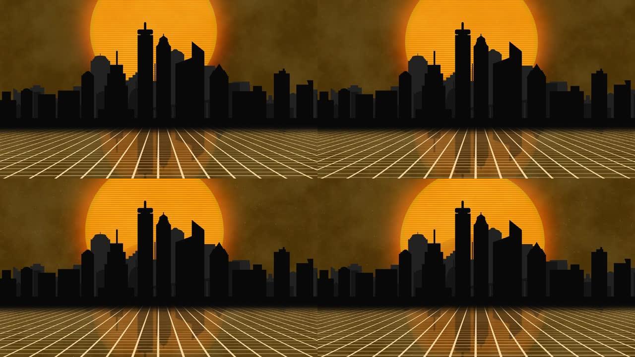 黄昏 (日落或日出) 城市的矢量 (形状) 动画。温暖的阳光