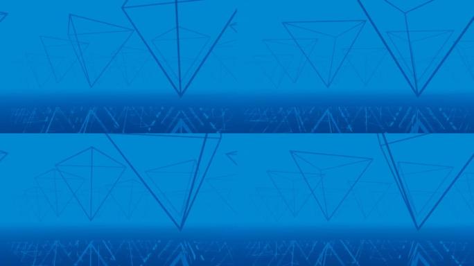 倒金字塔在镜面上旋转。深蓝色调色板中的无缝循环运动图形动画未来景观