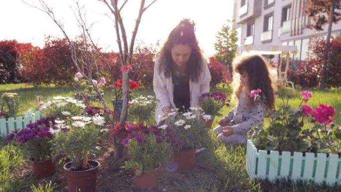 母女园艺晴天，母女俩在房子后院种花，双手种绿苗木，社区园艺，都市农业，配种，永续花园，幸福家庭理念