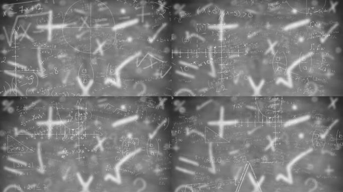 灰色背景上漂浮在符号上的数学方程的数字动画