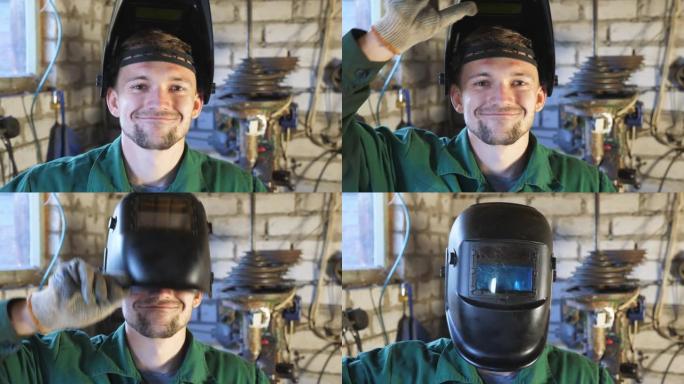 穿着制服的机械师肖像，做着滑稽的脸，在镜头前鬼混。快乐的年轻修理工在车库里展示鬼脸和降低防护面具。留