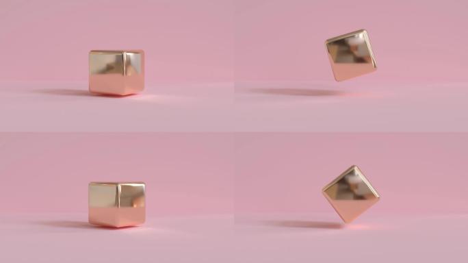 粉色场景金色立方体动画抽象3d渲染
