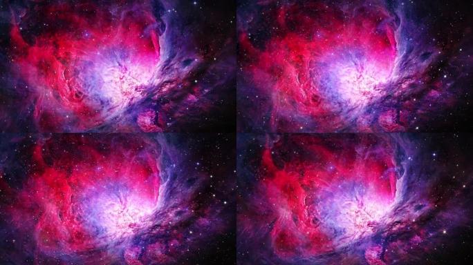 猎户座星云的4K 3D太空探索。飞行穿过太空弥漫星云和银河系中的星团。它是最亮的星云之一。NASA图