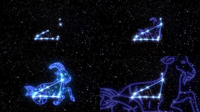黄道十二宫摩羯座是由发光线连接的亮星星座。宇宙夜空中黄道十二宫星座的动画。星座和星座符号。