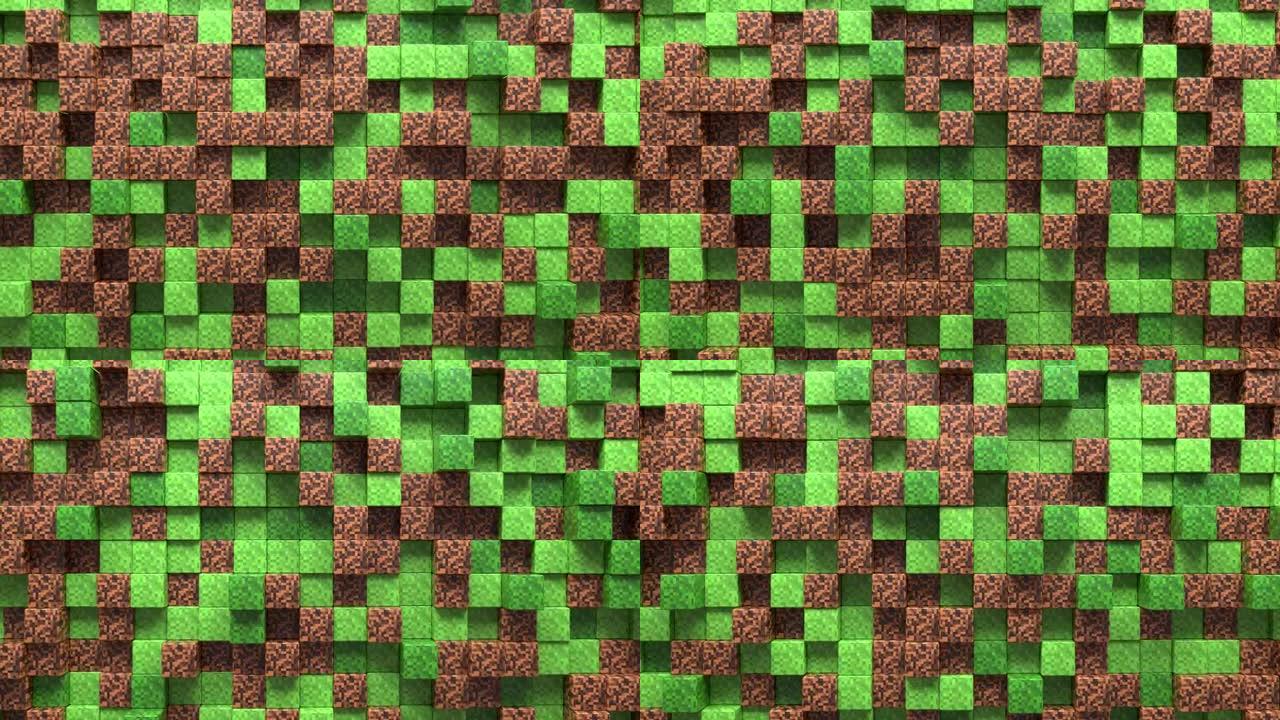 3D抽象立方体循环。电子游戏等距几何镶嵌波图案。用棕色砌块建造丘陵景观。《我的世界》风格。4k动画