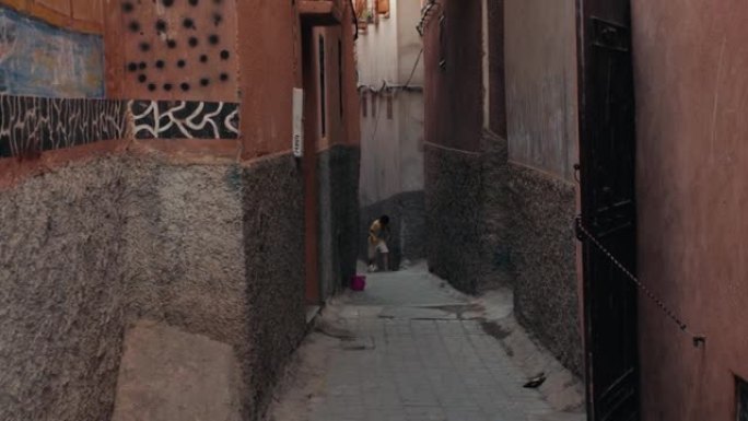 马拉喀什旧麦地那街道全景俯视图。日落时老建筑遗址和老城的红墙