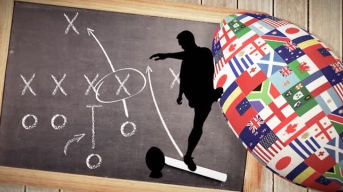 橄榄球运动员的轮廓动画和带有棋盘背景的旗帜形成的橄榄球球
