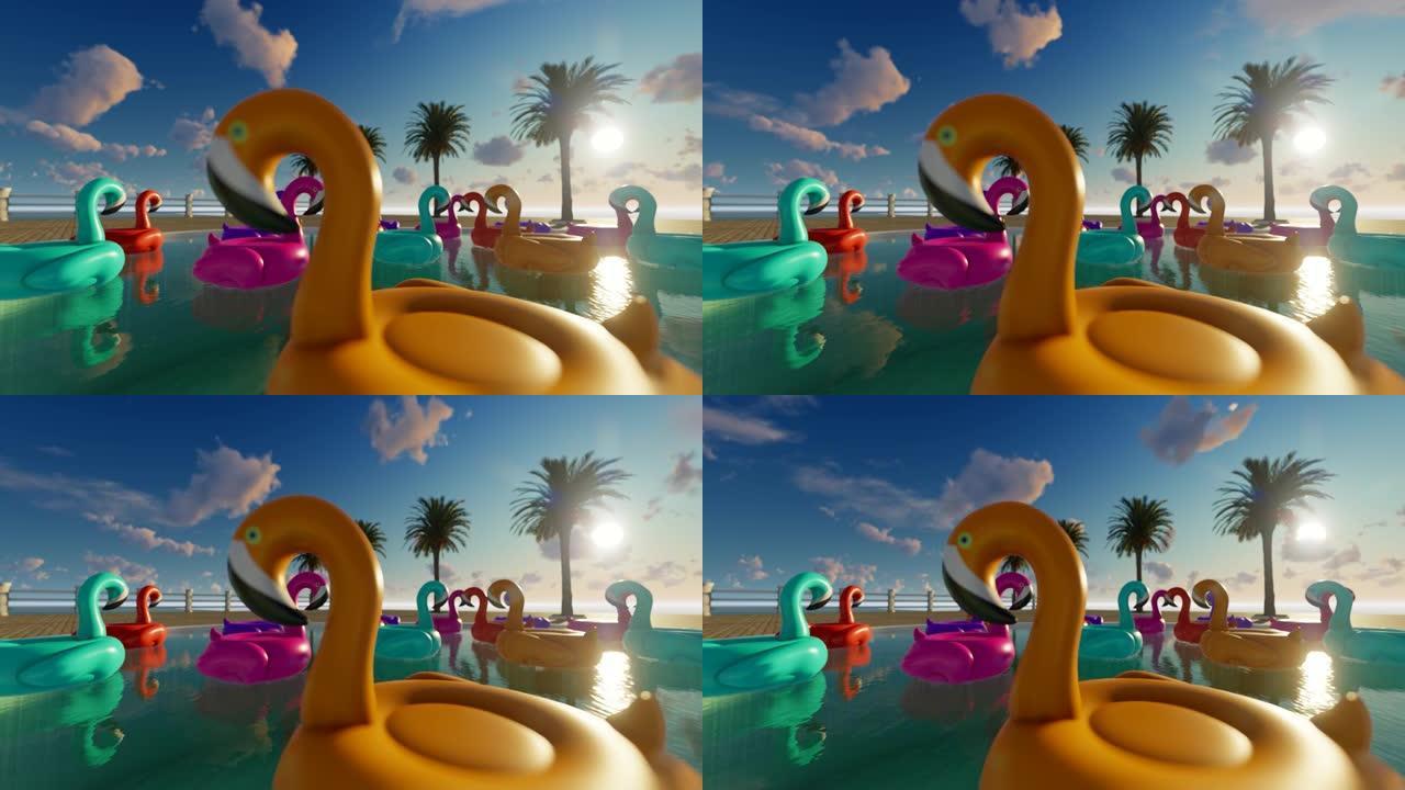 带彩色火烈鸟的3D游泳池
