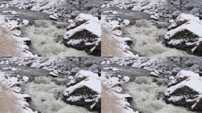 春季暴风雪中的山河急流