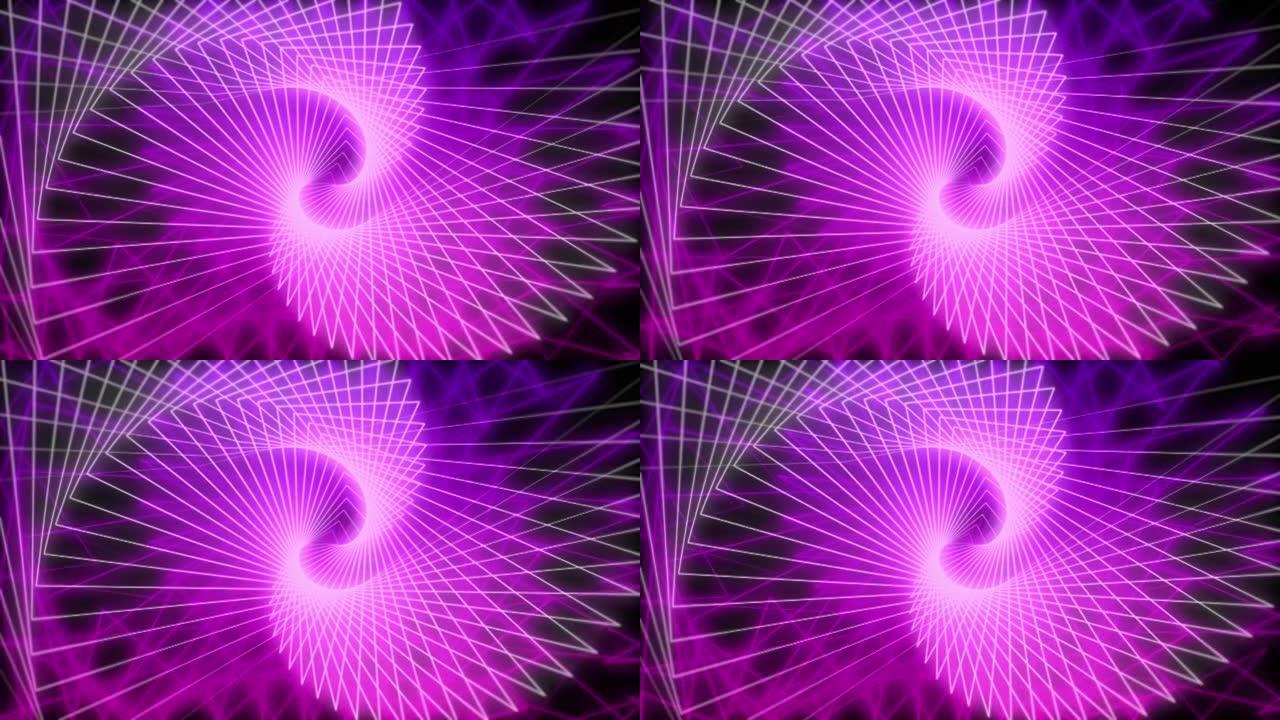 4k粉色紫色霓虹灯三角隧道背景，带发光的电亮线